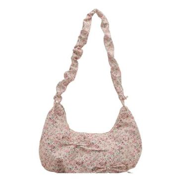Imagem de Bolsa feminina plissada com laço floral na nuvem, bolsa tiracolo simples casual nas axilas, rosa, Medium, Mochila casual