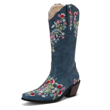 Imagem de Alsoloveu Botas femininas bordadas caubói ocidental, bico curto, salto grosso, vestido de noiva, botas de cano médio, Azul - 1, 37