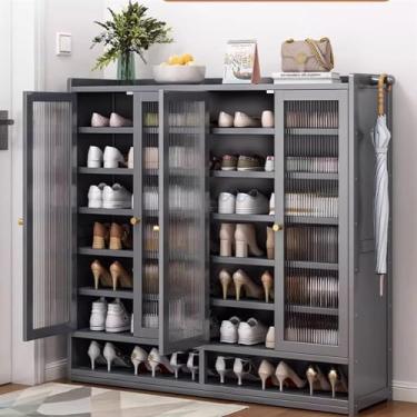 Imagem de 3FLQOOPP Sapateiras independentes de bambu com 4 portas de vidro, organizador de sapatos moderno independente, sapateiras de 8 camadas, armário de armazenamento para armazenamento multifuncional de