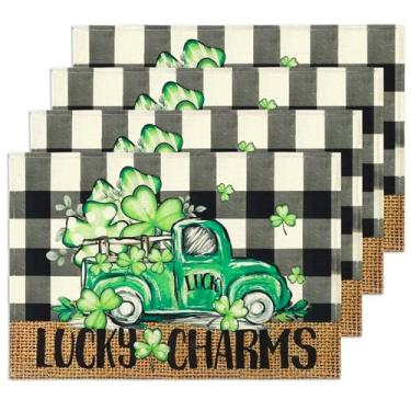 Imagem de RGHSZ Jogo americano de trevo de caminhão da sorte do dia de São Patrício, jogo americano verde trevo da sorte para o dia de São Patrício, decoração de mesa para festas de fim de ano, cozinha, jantar