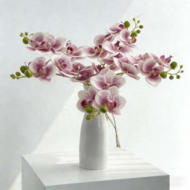 Imagem de Mythlty 5 hastes artificiais de orquídea de 45,7 cm de toque real, flores falsas de orquídea falsas, para buquês de casamento, decoração interna para escritório em casa (rosa manchado)
