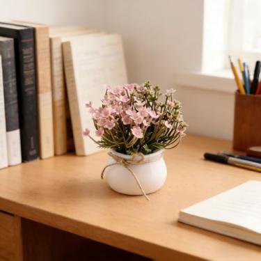 Imagem de 1 mini vaso de flores artificiais - plantas artificiais pequenas falsas verdes com vaso de plástico - perfeito para mesa, prateleira, banheiro, escritório, plantas falsas, decoração de interior