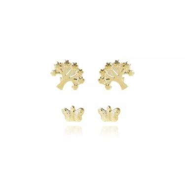 Imagem de Brinco Duo de arvore e Borboleta Folheado em Ouro 18k - Floratta Joias