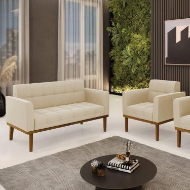Imagem de Conjunto Poltrona E Namoradeira Decorativas Pés Fixo Em Madeira Castanho Suede Bege
