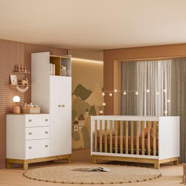 Imagem de Quarto de Bebê com Berço Slim e Guarda Roupa com Cômoda Flora Branco Freijó Qmovi