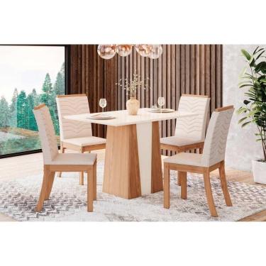 Imagem de Conjunto Mesa De Cozinha Orus Com Tampo Madeirado 120x80cm E 4 Cadeiras Isa Nature Off White Linho Bege Henn