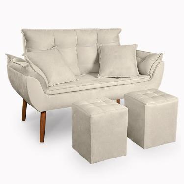 Imagem de Kit Poltrona Decorativa Namoradeira 2 Puffs Quadrado E 2 Almofadas Suede - Lm Decor Bege