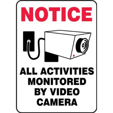 Imagem de Accuform MASE813XT Placa de plástico Dura-Plástico, Lenda "NOTICE ALL ACTIVIDES MONITORED BY VIDEO CAMERA", 25,4 cm de comprimento x 17,78 cm de largura x 0,16 cm de espessura, vermelho/preto sobre branco
