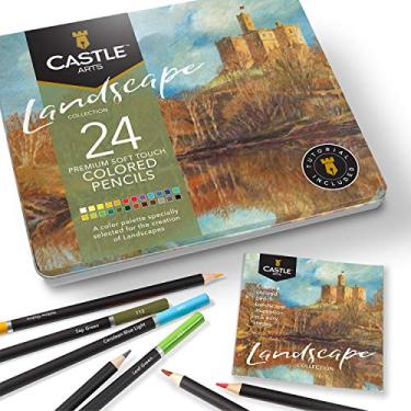 Imagem de Conjunto de 24 lápis de cor com tema Castle Arts em caixa de lata, cores perfeitas para "paisagens". Com qualidade, núcleos de cores suaves, mistura superior e desempenho de camadas alcançando ótimos