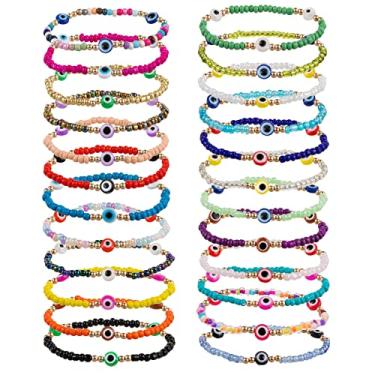 Imagem de 24 pulseiras com contas de olho turco - pulseira elástica feita à mão pulseiras mexicanas duráveis pulseiras delicadas Mal De Ojo joias olho turco joias para mulheres homens presente da sorte (cor