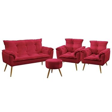 Imagem de Kit Poltrona Namoradeira e 2 Poltronas Decorativas Estofada Para Sala De Estar Beta Puff Solar Sued Vermelho Aradecor