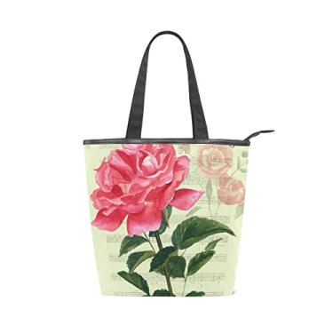 Imagem de Bolsa feminina de lona durável, vermelha, aquarela, rosa, música, grande capacidade, sacola de compras
