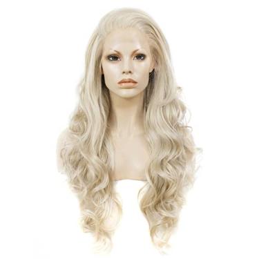 Imagem de Peruca de cabelo sintético com tela frontal, loiro acinzentado, peruca feminina ondulada, fibra sem cola, para cosplay
