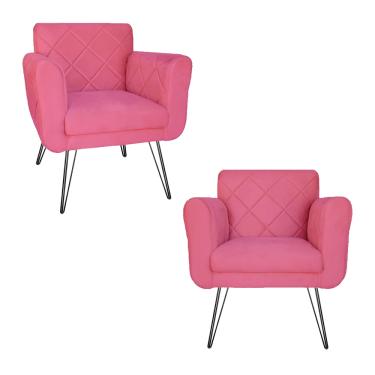 Imagem de Kit 2 Poltronas Decorativas Para Quarto Closet Pés de Ferro Isabella Suede Rosa Barbie - LM DECOR