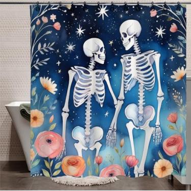 Imagem de Conjunto de cortina de chuveiro Skeleton Lover 182 x 182 centímetros com ganchos crânio durável cortina de banho lavável na máquina para estilo de casa de fazenda 2 L 108 x A 72