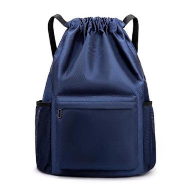 Imagem de Bolsa com cordão, mochila leve com suporte para garrafa de água e bolsos, mochila esportiva de ginástica, Azul escuro, Large, Esportes