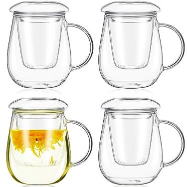 Imagem de Tioncy Conjunto de 4 xícaras de chá de vidro com infusor e tampa, caneca de vidro transparente de 500 ml com filtro e tampa, caneca de chá de vidro de filtragem simples para chá de chá de folhas