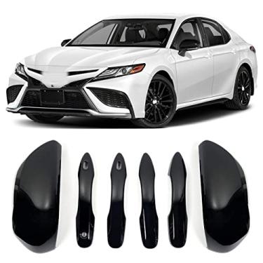 Imagem de Acabamento da tampa do espelho da porta lateral + 4 guarnições da tampa da maçaneta de porta inteligente compatível com 2018 2019 2021 2022 Toyota Camry acessórios dos espelhos retrovisores tampa sobreposição preto brilhante