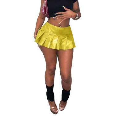Imagem de kaimimei Saia feminina sexy Y2K de couro PU cintura alta elástica fofa mini saia curta plissada roupa de clube, Amarelo, XXG