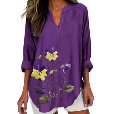 Imagem de Camisetas femininas Alzheimers Awareness de linho, gola V, manga enrolada, blusa com estampa de flores roxas, Roxo 01, P