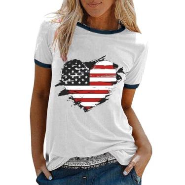 Imagem de Camiseta feminina 4 de julho com estampa da bandeira americana verão 2024 casual túnica verão, Branco, P