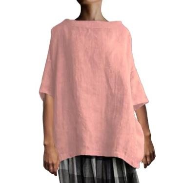 Imagem de Camisetas femininas de linho de algodão com manga 3/4, casual, gola redonda, boho, grande, cor sólida, blusas soltas de verão, rosa, XXG