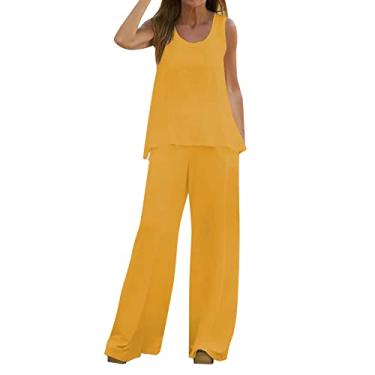 Imagem de Lainuyoah Conjunto de 2 peças de roupas femininas de verão 2024 para convidadas de casamento, conjunto de regatas estampadas combinando, B - amarelo, Small