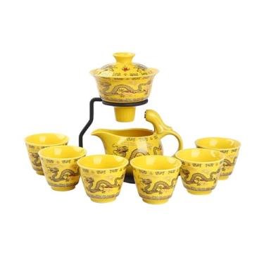 Imagem de Conjunto de chá chinês Gongfu para presente, semiautomático, gotejamento giratório com infusor feito à mão, bule de chá, 6 xícaras, dragão amarelo