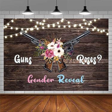 Imagem de EMDSPR Guns or Roses Gender Reveal Party Backdrop, 2,1 x 1,5 m, arma de madeira rústica flores chá de bebê fotografia fundo decoração menino ou menina banner adereços de cabine de fotos BJOKPR0331