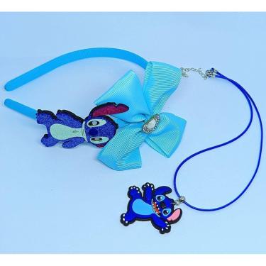 Imagem de Kit Tiara Arquinho com Laço Acessório de Cabelo Moda Infantil Crianças + Colar Desenho animado Lilo angel Stitch