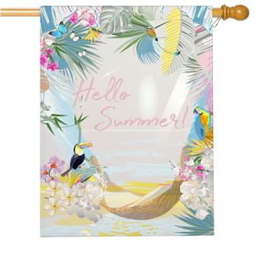 Imagem de Mugod Bandeiras de casa de serapilheira de verão do Havaí para atividades ao ar livre, rede de praia, folhas de palmeira, flores de pássaros tropicais, bandeiras de quintal grandes 71 x 101 bandeira