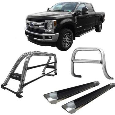 Imagem de Kit Quebra Mato Estribo Santo Antônio F250 C/Duplo Preto Cromado - HOZ