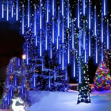 Imagem de Violetfox Luzes de Natal para chuva de meteoros ao ar livre - 30,5 cm, 8 tubos, 192 LED, queda de chuva, luzes de gelo em cascata para decoração de árvores de jardim (azul)