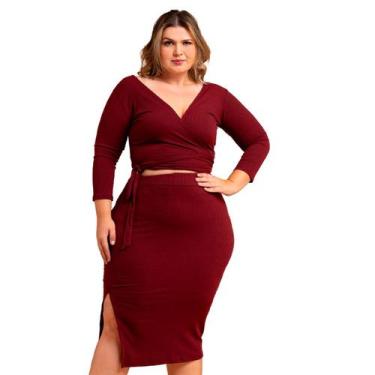Imagem de Conjunto Feminino Plus Size Slim Transpassada Cropped Envelope Saia Mi