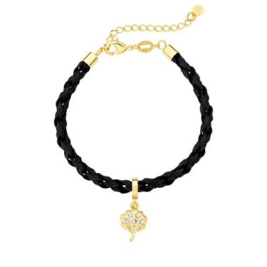 Imagem de Pulseira de Couro Trançado com Charm Algodão Pequeno Revestido em Ouro