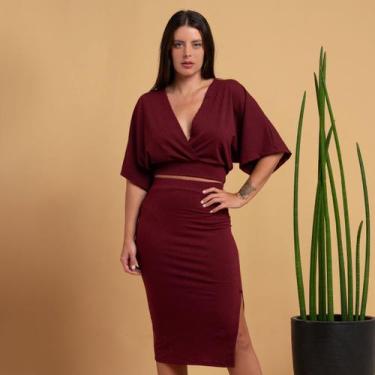 Imagem de Conjunto Saia + Blusa Morcego Feminino Cropped Envelope Saia Fenda - H