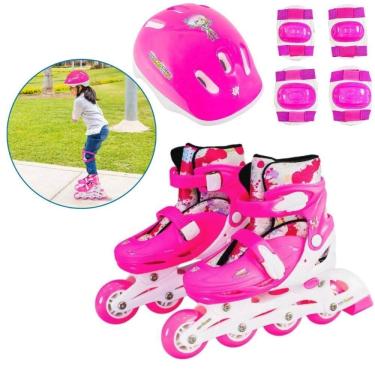 Imagem de Patins Infantil Roller In line 4 Rodas 31 A 34 Criança Ajustável Abec-7 Com Kit De Proteção Freio Traseiro Bota Confortável Capecete Joelheira