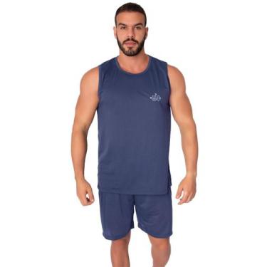 Imagem de Pijama Malha Liso Masculino Adulto Regata e Short - WLS Modas, Marinho