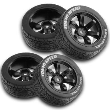 Imagem de Chanmoo 1/10 RC On Road Tires and Plastic Drift Wheels 12mm Hex Rally Racing Tyres for 1:10 Scale Touring Street Car Tamiya TT01 TT02 XV01 TA06 A959 PTG2 144001 HPI KYOSHO HSP Traxxas 4PCS (Black)