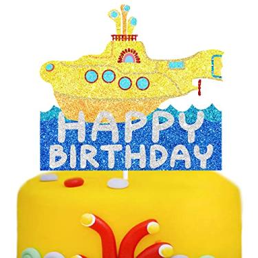 Imagem de Decoração de bolo de feliz aniversário submarino com glitter amarelo - uma festa de aniversário com tema popular e suprimentos de decoração de festa com tema musical - LIANGSS
