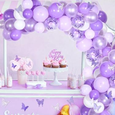 Imagem de 151 peças de balões de borboleta rosa kit de arco faça-você-mesmo balões com borboletas de papel, topo de bolo de aniversário para decorações de festa de aniversário de casamento (roxo)
