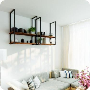 Imagem de Nicho Preto Prateleira Suspensa Teto Sala Madeirado 100cm - MetalCromo