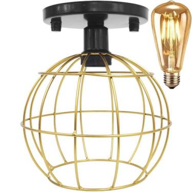 Imagem de Lustre Teto Plafon + Lâmpada Led Industrial Aramado Globo Dourado Retr