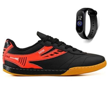 Imagem de Kit Chuteira Futsal Couro Futebol Quadra Salao + Relogio Adulto - Rayo