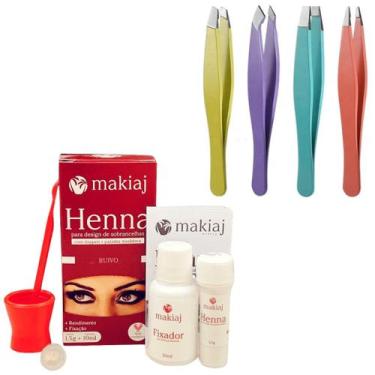 Imagem de Henna Makiaj Sobrancelha Escolha a cor + 4 Pinças Chanfrada Fina Reta 
