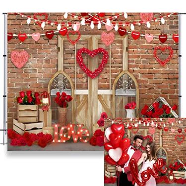 Imagem de Cenário de Dia dos Namorados para fotografia do Dia das Mães LFEEY Red Rose Flower Brick Wall Love Sign para casamento, chá de noiva, decoração de casado, adereços para cabine de fotos, 3 x 2,4 m
