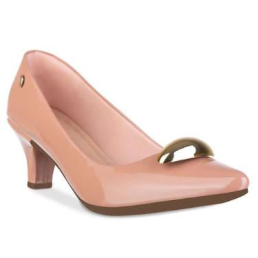 Imagem de Scarpin Feminino Salto Fino Baixo Sapato Bico Fino Enfeite Metal Doura