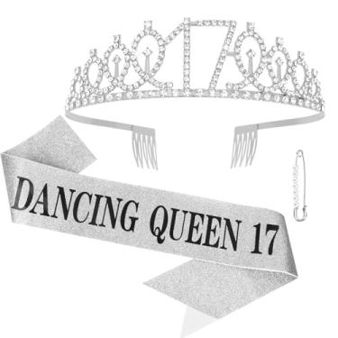 Imagem de Semato Decorações de festa Dancing Queen 17 - faixa de aniversário "Dancing Queen 43.2 cm e tiara de 17º aniversário, decorações de 17 anos para meninas, lembrancinhas de festa de aniversário de 17