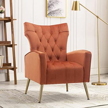 Imagem de Altrobene Poltrona moderna com detalhes de veludo, confortável e confortável, poltrona de leitura com pernas douradas para sala de estar/quarto, caramelo