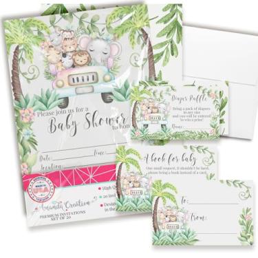 Imagem de Convites de chá de bebê para meninos ou meninas – Conjunto de convites para chá de bebê safári na selva com ingressos de sorteio de fraldas, cartões de pedido de livros e envelopes. Conjunto de 20